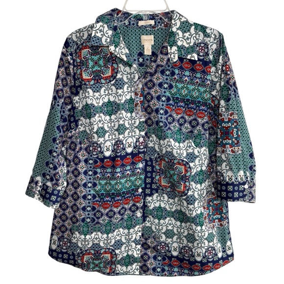 Chico's Tops - Chicos Multi Color Mosaic Button Down Tunic No Iron Shirt Size 2 Large Pockets